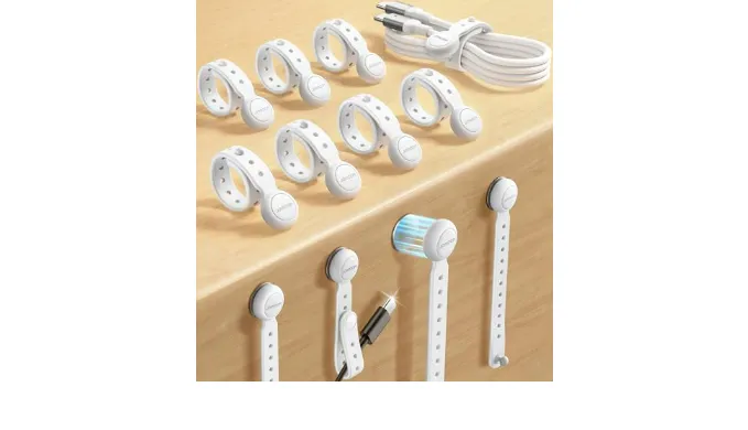 JOYROOM 12PCS Magnetic Cable Ties – Reusable Silicone Cord Organizer with Buckle Holes, Elastic Cable Management Straps for Data Cables, Charging Cords, and More (White)