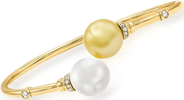 18kt Yellow Gold Cultured South Sea Pearl and Diamond Bypass Bangle Bracelet