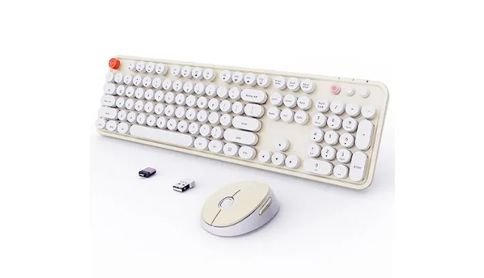 Wireless Keyboard and Mouse Combo, Ergonomic Full Size Typewriter Retro Round Keycaps Keyboard, Compatible with Windows, PC, Perfer for Home and Office Keyboards (Beige