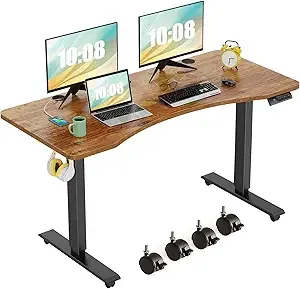 farexon Electric Standing Desk Adjustable Height, 48×24 Inches Computer Desk with Ergonomically Curved Desktop, Multifunctional Stand up Desk for Home/Office(Brown)