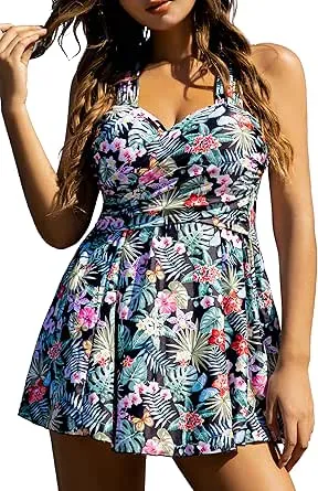 COCOPEAR Womens Elegant Crossover One Piece Swimdress Floral Skirted Swimsuit Floral 98 L/8-10