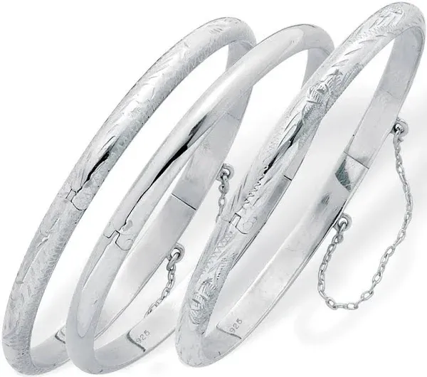 PalmBeach Jewelry Sterling Silver Engraved and Floral Bangle Bracelet Set