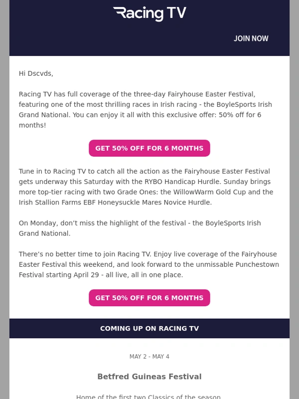 Racing TV - Get 50% off today and watch the BoyleSports Irish Grand National! ?