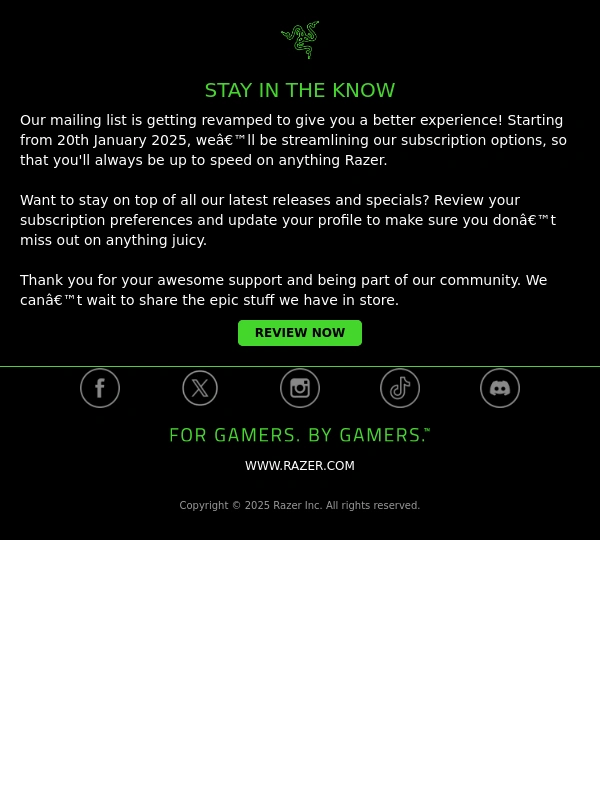Razer - Important Update to Your Subscription Options