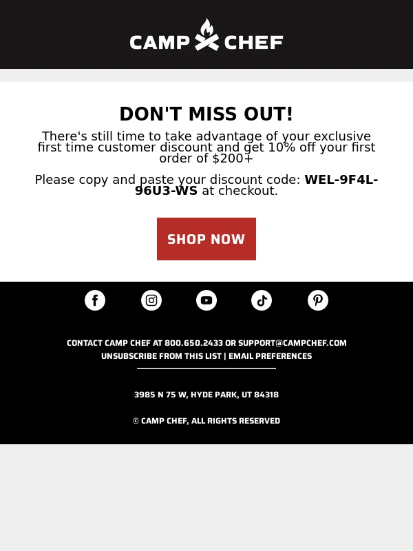 Camp Chef - Don't Miss Out - Get 10% OFF Your First Order of $200+
