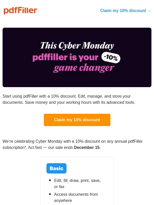 PDFfiller - Celebrate Cyber Monday with 10% off pdfFiller