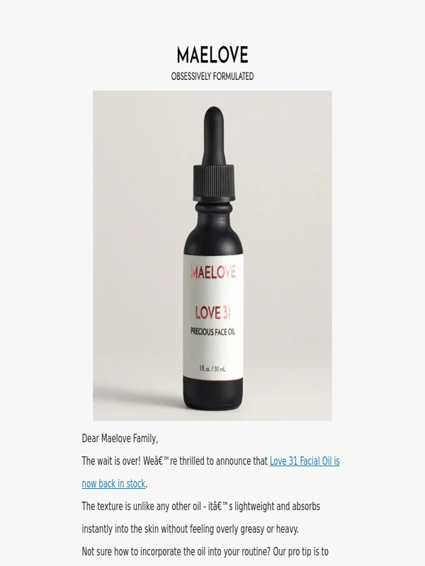 Maelove - Love 31 Face Oil is back in stock