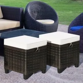 Patio Rattan Ottoman Seats with Removable Cushions - Set of 2