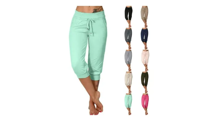 Womens Yoga Pants Stretchy Soft Drawstring Workout Capri Pants Outdoor Athletic Causal Capris with Pockets Activewear Joggers Summer Sweatpants for Women Leggings Cropped Pant 2025 Womens Plus Size
