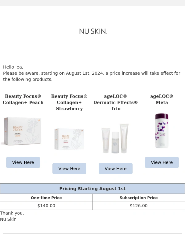 Nu Skin - Upcoming Price Changes