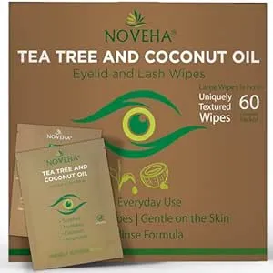 NOVEHA - Tea Tree & Coconut Oil Eyelid & Lash Wipes, Box Of 60 Individually Wrapped, For Demodex, Blepharitis & Itchy Eyes