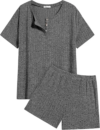 Ekouaer Pajama Sets for Women 2 Piece Womens Ribbed Knit Lounge Set Short Sleeve Henley Neck Top and Shorts with Pockets