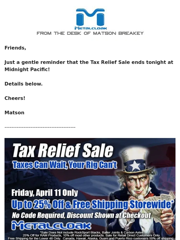 Metalcloak - ? Tax Relief Sale Ends Soon!