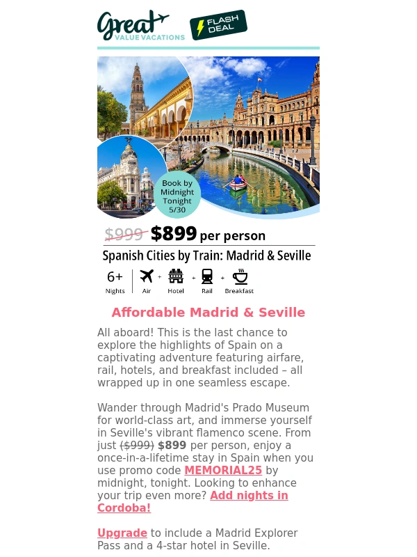 Great Value Vacations - From $899: Spanish Getaway Ends Tonight ?