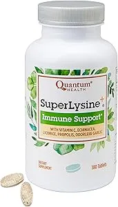 Quantum Health Super Lysine+ / Advanced Formula Lysine+ Immune Support with Vitamin C, Echinacea, Licorice, Propolis, Odorless Garlic (180 Tablets), Packaging may vary