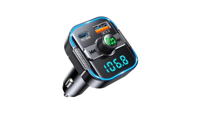 RIWUSI 2025 Upgrade Bluetooth 5.3 Car Adapter【PD 36W+QC3.0 18W】, 2-in-1 FM Transmitter 【Dual Stronger Mics】& Fast Car Charger, Wireless FM Radio Adapter Hands-Free Call, Siri Assistant Player