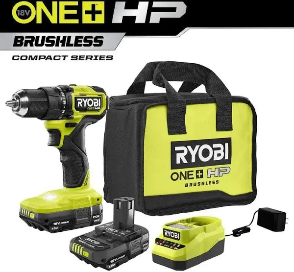 RYOBI ONE+ HP 18V Brushless Cordless Compact 1/2 Drill Kit with 1.5 Ah and Charger