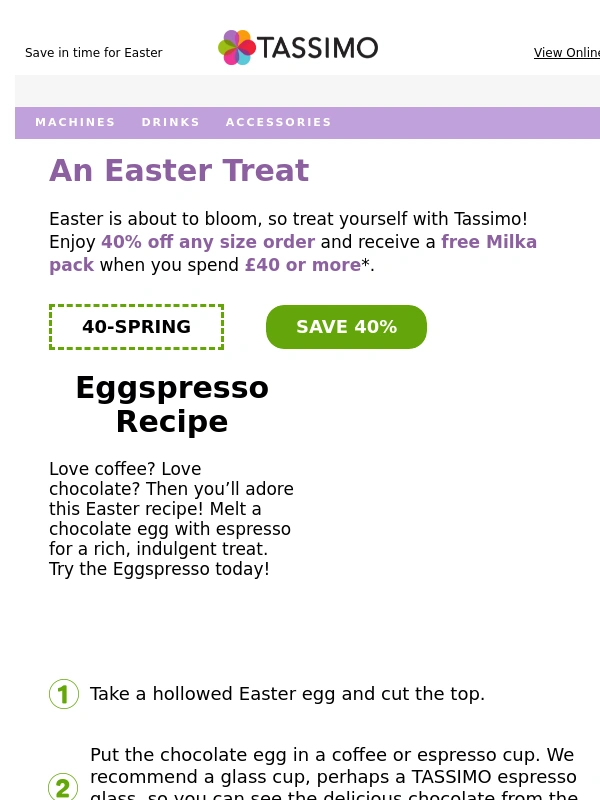 Tassimo - Treat yourself to 40% off your order and a free Milka pack