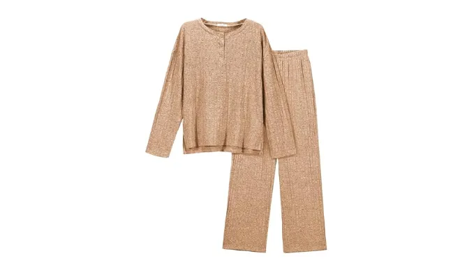 Ekouaer Womens Ribbed Knit Lounge Set Long Sleeve Henley Neck Top and Long Pants Two Piece Soft Sleepwear Matching Outfits Camel