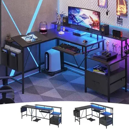 L Shaped Gaming Office Desk with Adjustable Drafting Table