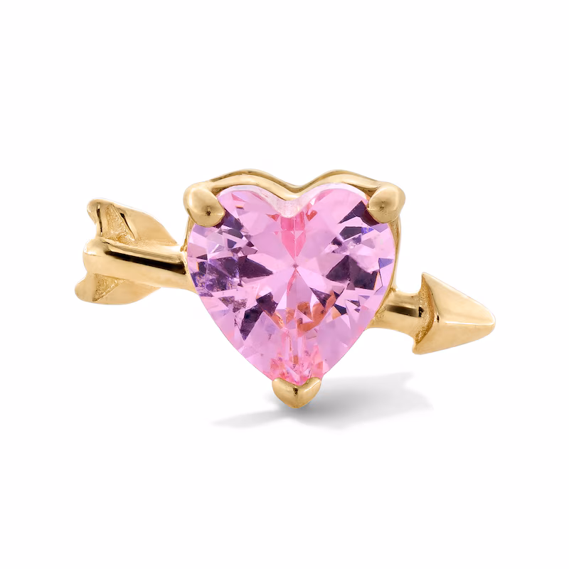 14K Gold Pink CZ Cupid Heart Stud - 18G 5/16"