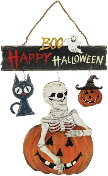 Northlight 14.5" Skeleton Wall Sign with Jack-O-Lanterns and Black Cat