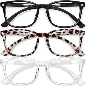 3-Pack Gaoye Unisex Fashion Square Fake Blue Light Blocking Glasses (Matte Black+Leopard+Transparent)