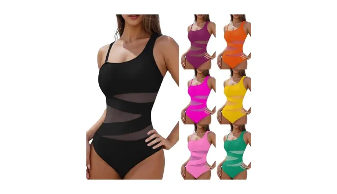 Womens One Piece Swimsuits Full Coverage Beach Bathing Suit Mesh Sheer Pure Sleeveless Tummy Control Swimwear