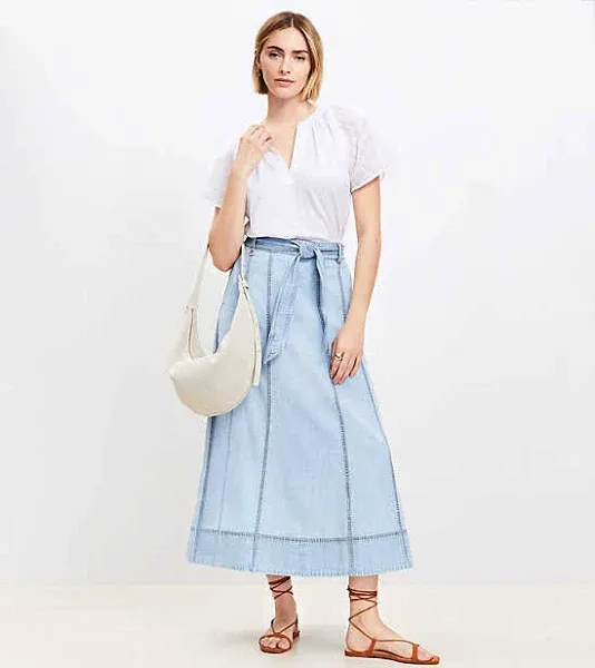 Chambray Belted Midi Pocket Skirt