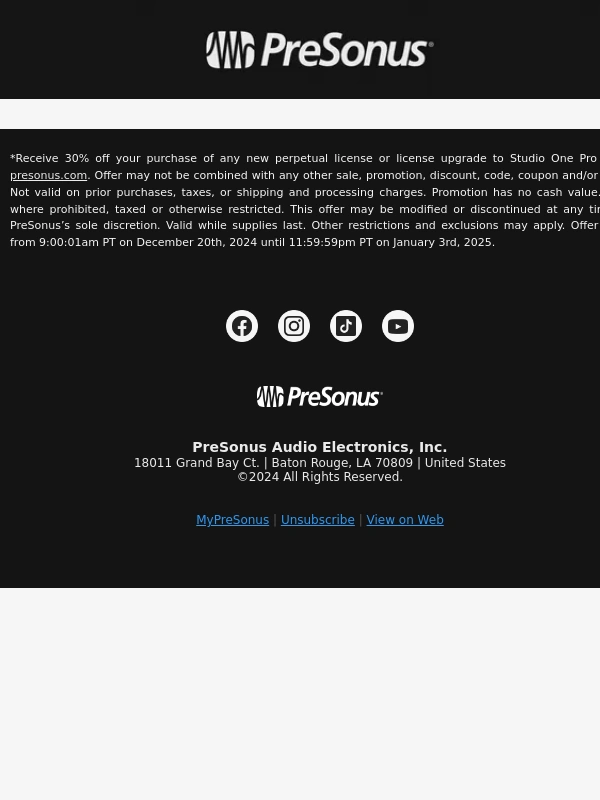 PreSonus - The Studio One Pro Year-End Sale Continues