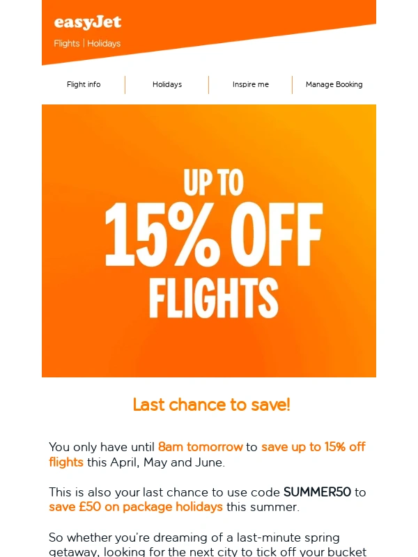 easyJet - Ends tomorrow: up to 15% off flights ✈️