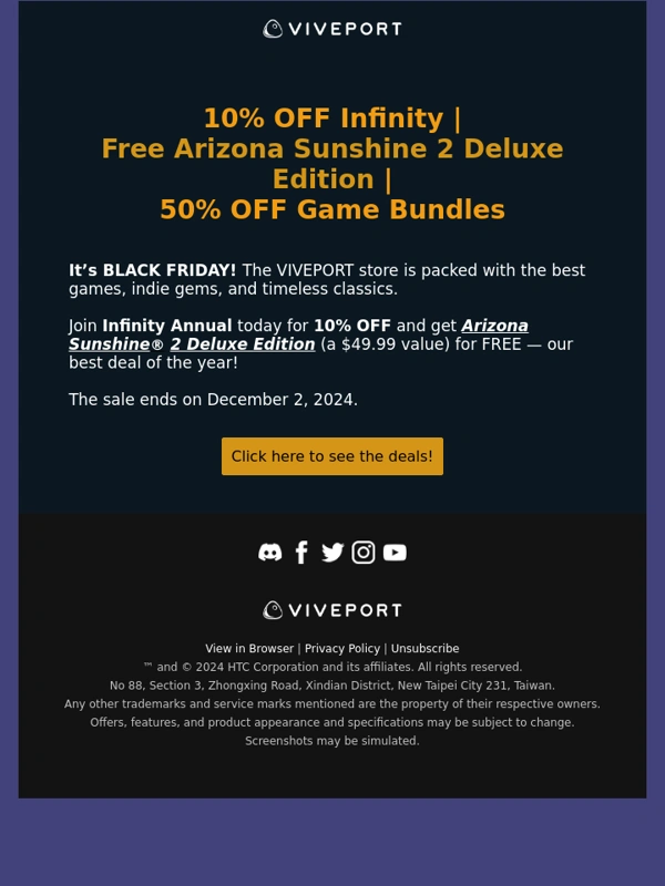 HTC - Black Friday Sale:10% OFF Infinity + Free Arizona Sunshine 2 for Annual Subscribers!