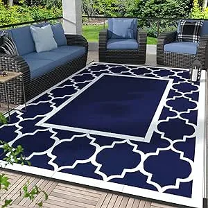 GENIMO 5' x 8' Outdoor Rug Waterproof for Patio Decor, Foldable Reversible Plastic Straw Area Rugs Mat for Camper, Outside Carpet for Rv, Deck, Porch, Picnic, Beach, Balcony, Blue & White