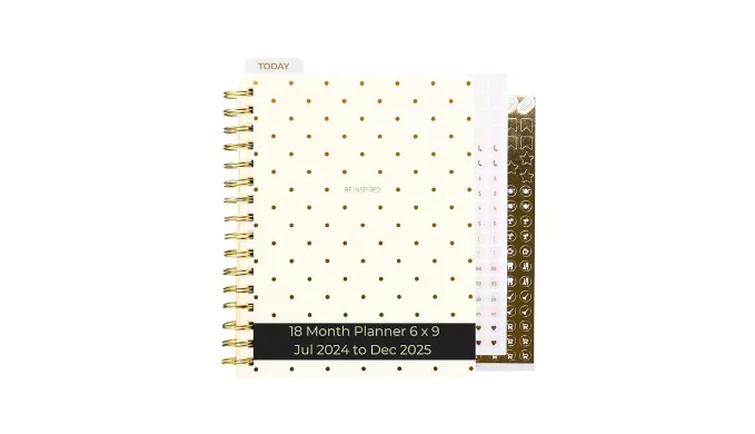 Blu Monaco 18-Month Planner July 2024 – December 2025 – Cream Gold Dot Weekly & Monthly Planner for Women, Moms, Work & School, 6 x 9 – Gold Spiral Bound 2024-2025 Dated Calendar with 215 Stickers