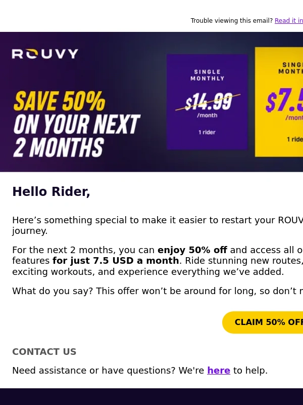 Rouvy - Today only: 50% off your next 2 months