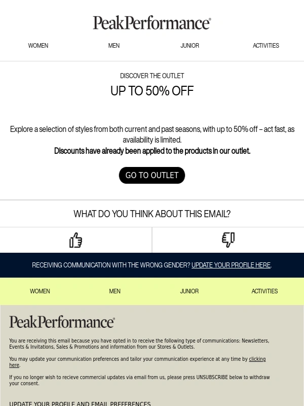 Peak Performance - Discover Current and Last Season's Styles in Our Outlet