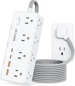 DEPOW Power Strip Surge Protector, 5FT Braided Extension Cord with Multiple Outlets-8 AC Outlets 4 USB Ports (2 USB C), Flag Plug Charging Station, 1700 Joule Surge Protection for Home Office, White
