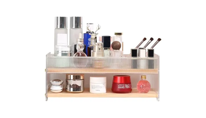 KAOTGOT Large Vanity Organizer – 15 Slot Lipstick Holder & Makeup Brush & Skincare/Perfume Organizer, 2 Tier Design,Pine Wood & Acrylic Make up Organizer for Vanity/Makeup Table