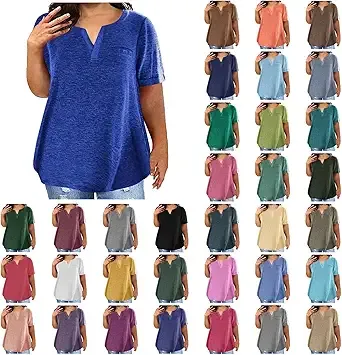 Plus Size Tops for Women V Neck Loose Fit Summer T Shirts Short Sleeve Solid Color Fashion Blouse Comfy Tunic Shirts Blue