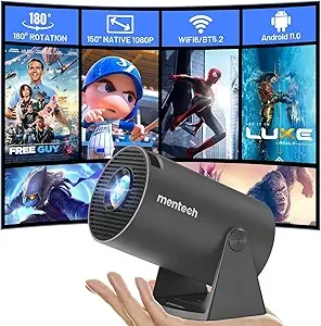 Mini Projector With WiFi and Bluetooth, 180 Rotatable Portable, 150″ Smart With Android TV 11, 1080P Support Decoding Projectors 4K, 2.4G/5G WiFi6, Auto Keystone for Home Outdoor Proyector, Iron Grey