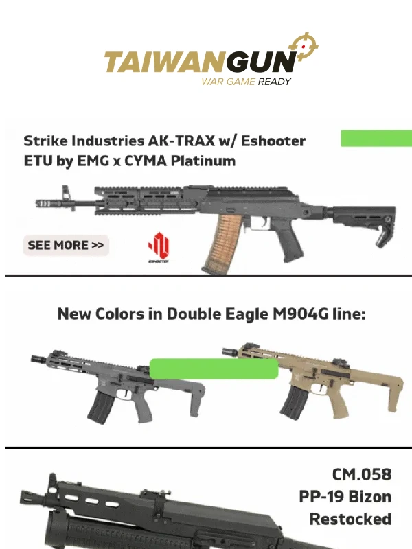 Taiwangun -  Meet ? Strike Industries AK-TRAX CQB Airsoft Rifles ? Iconic M904G in Different Shades