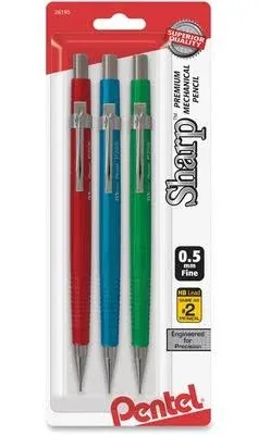 Pentel Sharp Mechanical Pencil  0.5mm Black Lead Assorted Barrel Colors 3/Pack