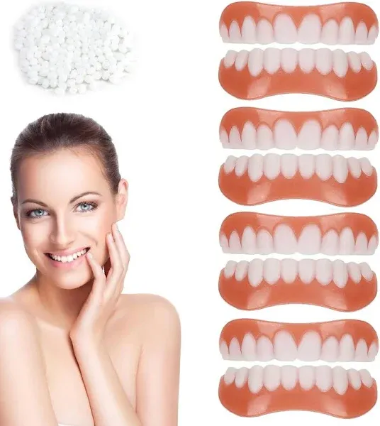 iksvmsis Dentures Cosmetic Veneer, Smile Teeth Instant Veneers, 4 Pair False Teeth White Dentures Instant Smile Veneers, Protect Your Teeth and Regain