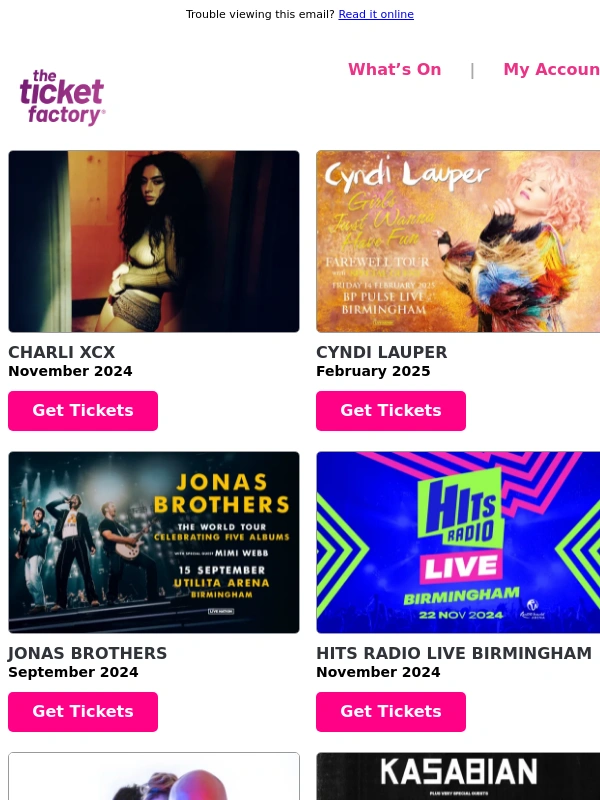 The Ticket Factory - Charli XCX,Cyndi Lauper,Jonas Brothers,Hits Radio Live Birmingham & much more