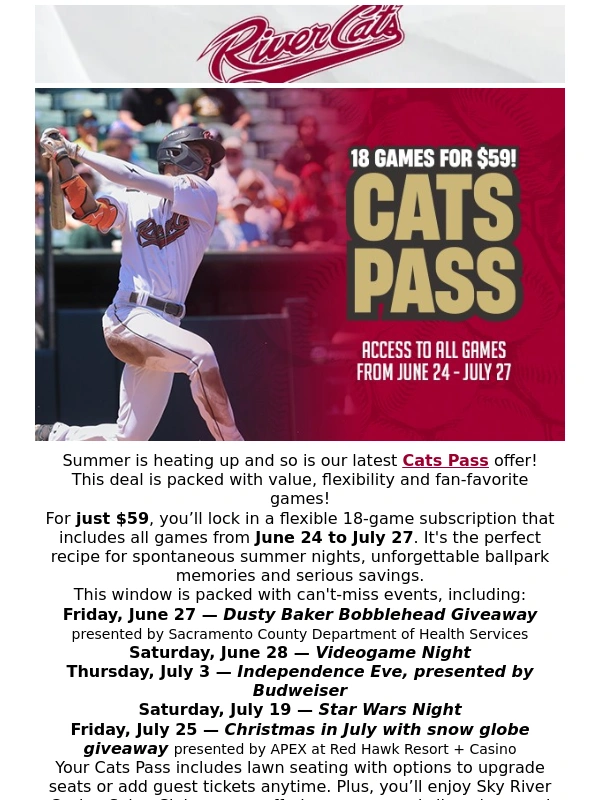 Ticketmaster - Hot Summer Deal: $59 Cats Pass for 18 games ?