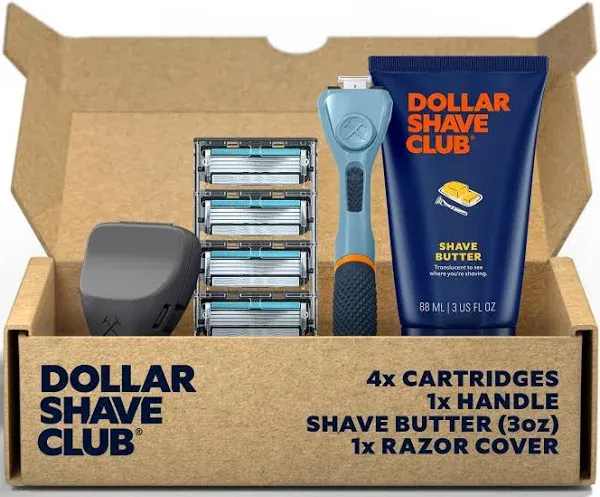Dollar Shave Club | The Member Exclusive Shave Set | 4 Swift Rinse Refill Cartridges, 1 Handle (Blue), 1 Shave Butter 3 ounce, 1 Razor Cover