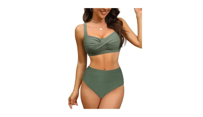 Amy Babe Womens Twist Front Full Coverage Swimsuit V Neck Padded High Waisted Ruched Bikini Set Two Piece Bathing Suit Olive