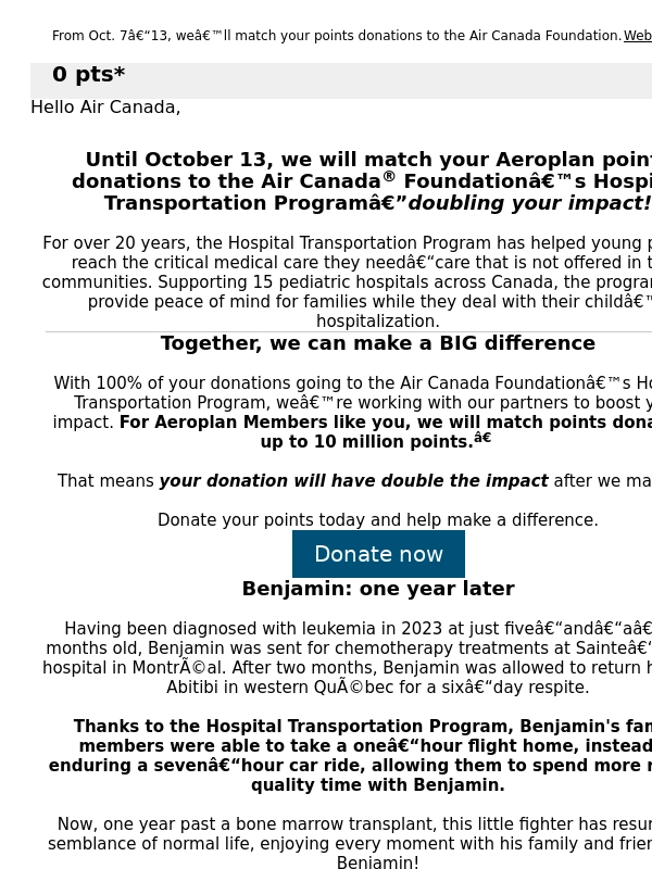 Air Canada - Donate points to help kids reach medical care—and double your impact!