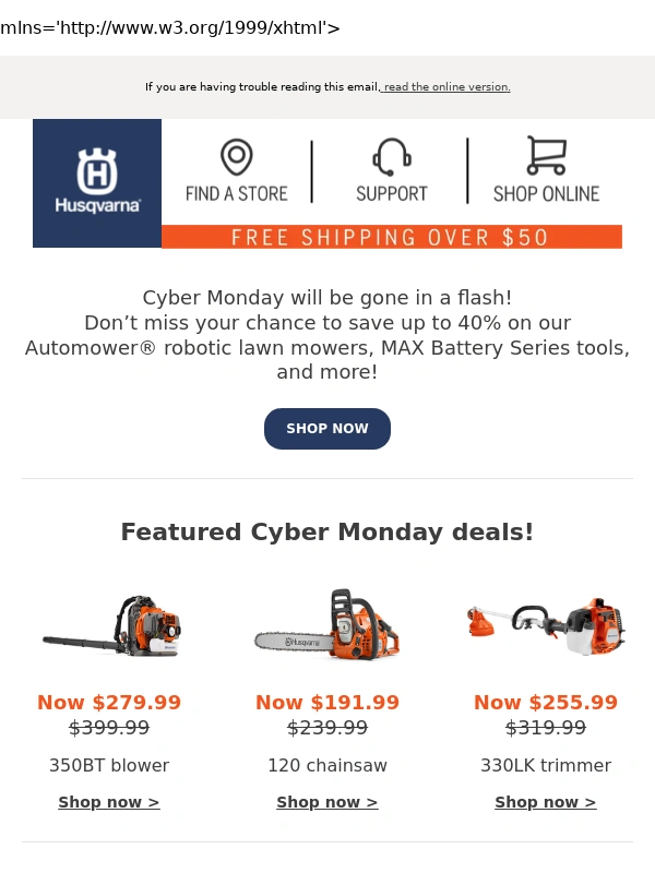 Husqvarna - Cyber Monday savings on NOW – up to 40% off!