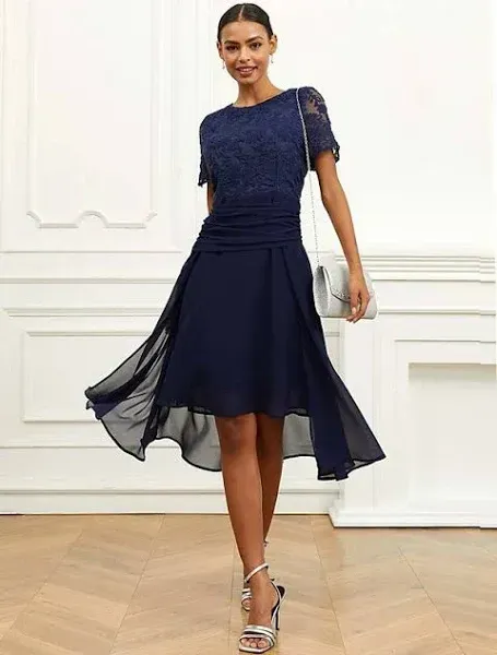 Women's Wedding Guest Cocktail Dress Chiffon Lace Ruched Crew Neck Short Sleeve Midi Dress Party Elegant Formal Dark Blue Summer